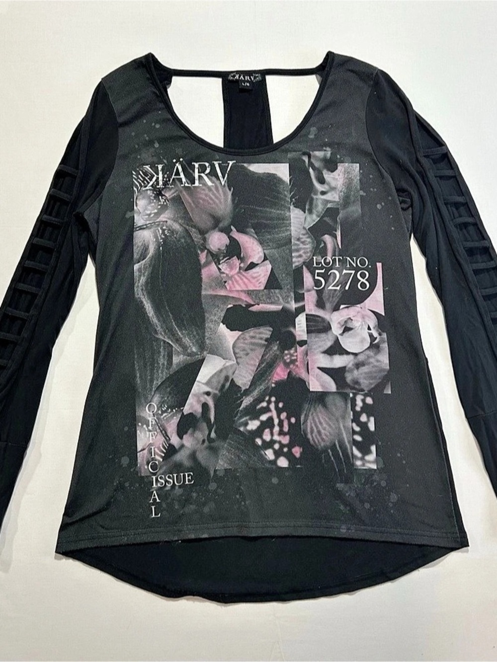 HARV Black Long Sleeve Graphic Tunic Top Size L Strappy Cutout Open Back